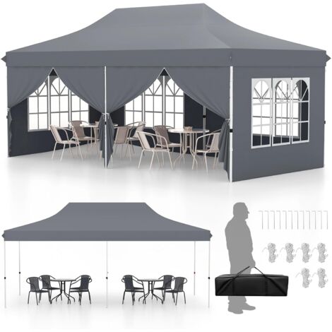 COSTWAY Tonnelle de Jardin 3x6M avec 6 Parois Latérales Amovibles, Tente de Reception Escamotable avec Sac de Transport Protection Solaire Tonnelle Instantanée pour Fête Mariage BBQ (Gris) (1/5)