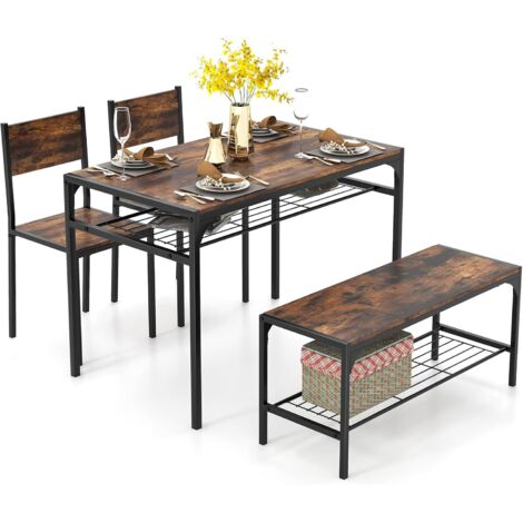 Costway – Ensemble table et chaises 4 personnes – Table 110x65 cm avec étagère – Cadre métallique robuste – Banquette et chaises en bois dur marron rustique (1/5)