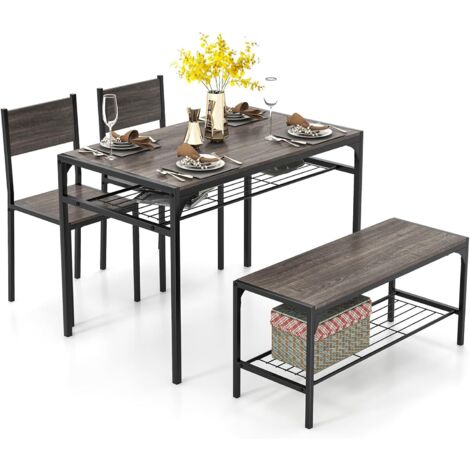 COSTWAY Ensemble Table et Chaise pour 4 Personnes, Table Cuisine avec Chaise et Banc, Table à Manger 110 x 65 cm avec Étagère, Cadre en Métal, pour Salle à Manger, Restaurant, Café, Cuisine(Gris) (1/5)