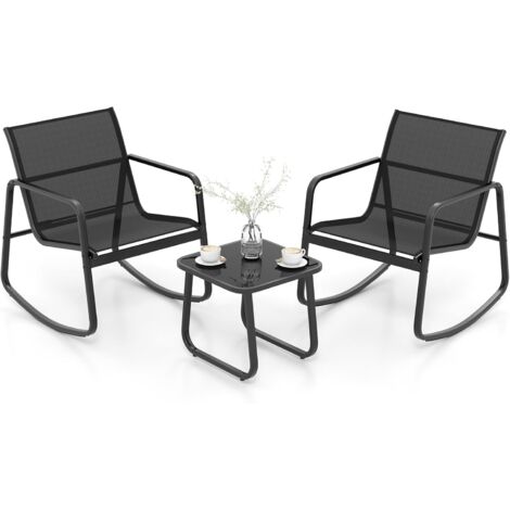 Costway – Salon de jardin 3 pièces – 2 fauteuils à bascule et table en verre trempé – Cadre métallique – Charge 150 kg – Pour balcon et piscine (1/5)