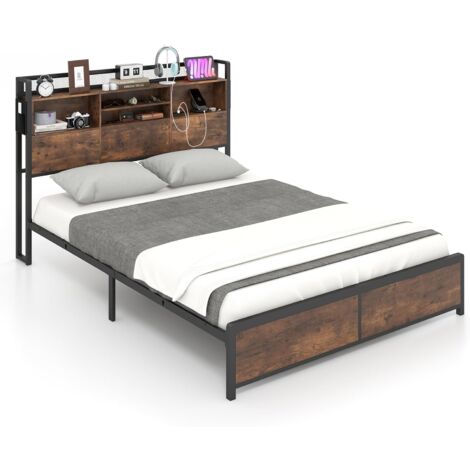 COSTWAY Cadre de Lit 140x200cm avec Sommier, Tête de Lit Bibliothèque, Support à Lattes en Métal, Rangement sous Le Lit, 2 Prises de Courant, 2 USB, 2 Poches Latérales, Assemblage Facile (1/5)