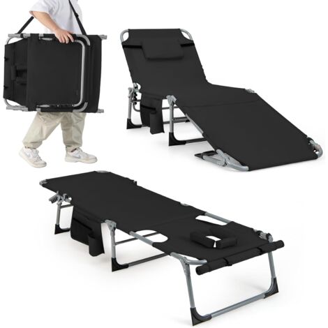 Costway – Transat pliant en aluminium avec dossier réglable – Tissu Oxford indéchirable – Oreiller amovible et trou pour visage – Charge 180 kg – Poche latérale (1/5)