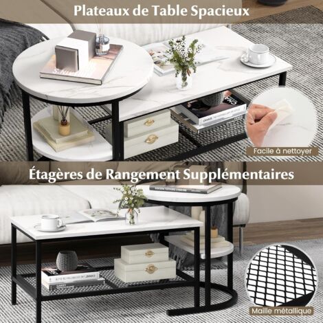 AC Design Furniture Spencer Lot De 2 Tables Basses Salon - Table Ronde Effet Marbre Et Ovale Verre Avec Cadre Métal Noir