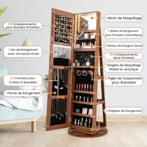 Costway - Armoire à bijoux pivotante 360° avec miroir psyché - MDF et