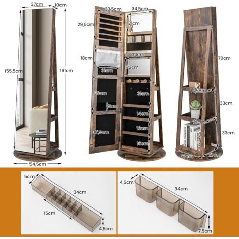 Armoire à Bijoux Pivotante à 360 Degrés Avec Grand Miroir Psyché Et Etagère De Rangement à L