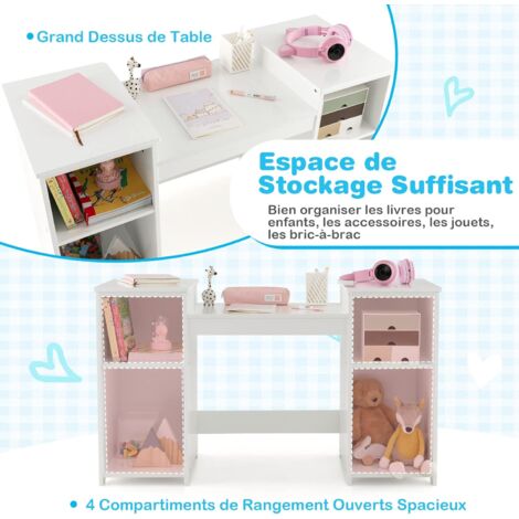 Coiffeuse Enfant 2 En 1 Princesse – Table Maquillage Miroir 3 Volets + Bureau, 100 Kg, Rangement Astucieux (Blanc)