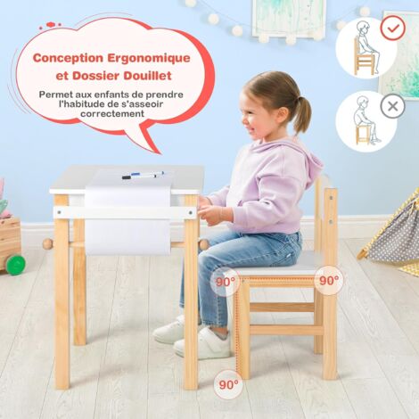 Bureau Enfant Avec Tabouret COSTWAY - Plateau Rabattable Et Rouleau De Papier - Pin Massif - Pour 3 Ans+