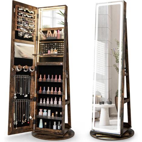 Armoire à Bijoux Avec Miroir Pivotant 360°, Lumières LED Et Rangements - Verrouillable, Blanc, 56x164 Cm