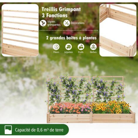 COSTWAY Jardinière Surélevée 3-en-1 Avec Serre Et Treillis - Bac Métallique Pour Légumes Et Fleurs