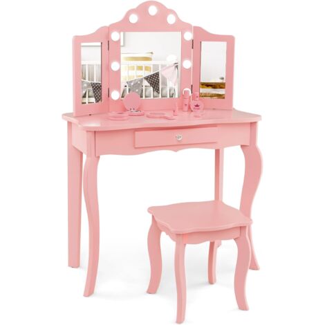 Costway – Coiffeuse enfant 2 en 1 avec miroir amovible et lumières LED – Bureau 70x34x103cm – Tiroir de rangement – Pour filles 3 ans et plus
