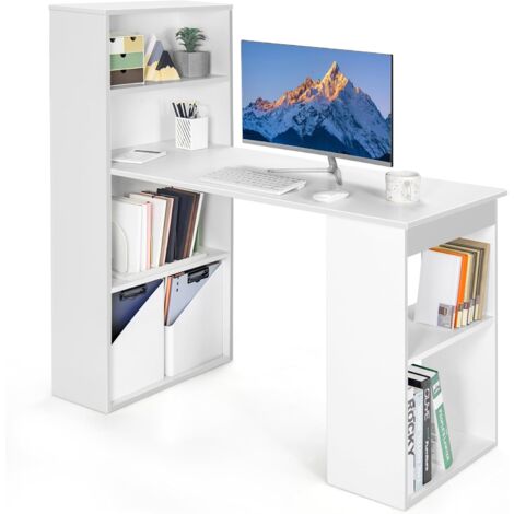 Costway – Bureau d'ordinateur réversible avec bibliothèque – Étagères de rangement à 6 niveaux – Assemblage facile – Pour maison et bureaux – Blanc