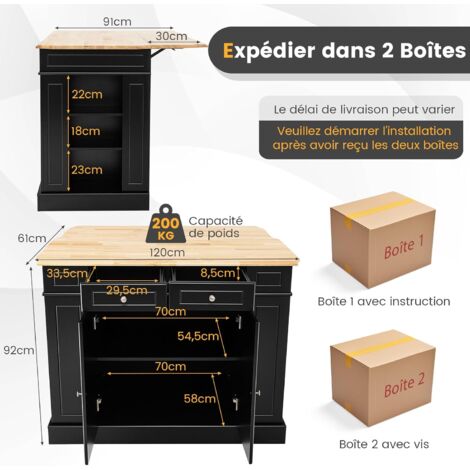 COSTWAY Desserte de Cuisine sur roulettes, Ilot Central Cuisine avec Plan de Travail Extensible Rabattable en Bois d'hévéa, Chariot de Service avec Tiroir, Porte-Bouteilles, Porte-Serviettes (Noir