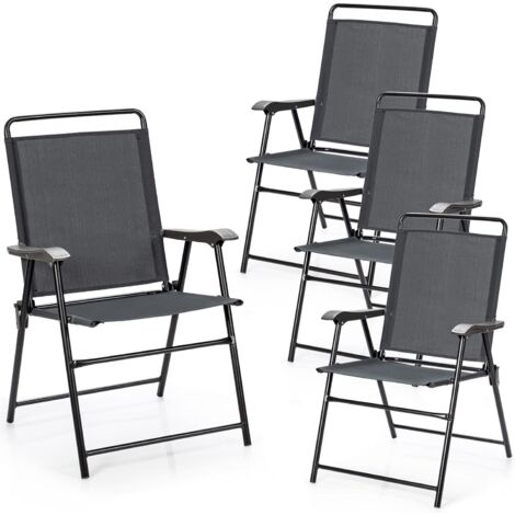 COSTWAY Lot de 4 Chaises de Jardin Pliantes, Chaises d'Extérieur avec Cadre en Métal et Repose-Pieds Antidérapants, Fauteuil de Jardin en Tissu Respirant pour Toutes Saisons, Charge 150 KG(Gris) (1/5)
