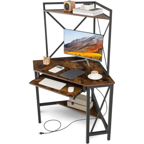 Costway – Bureau d'angle avec étagère de rangement – 2 prises secteur et 2 USB – Plateau pour clavier coulissant – Structure métallique durable – Marron rustique (1/5)