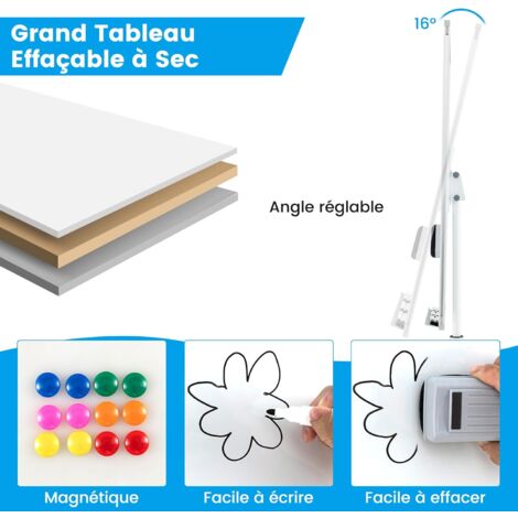 COSTWAY Tableau Blanc Magnétique, 100 x 65 cm, Tableau Blanc sur Pieds Effaçable à Sec, Hauteur Réglable, Support Rond Stable Sur Roulettes, Cadre en Aluminium, pour École, Bureau