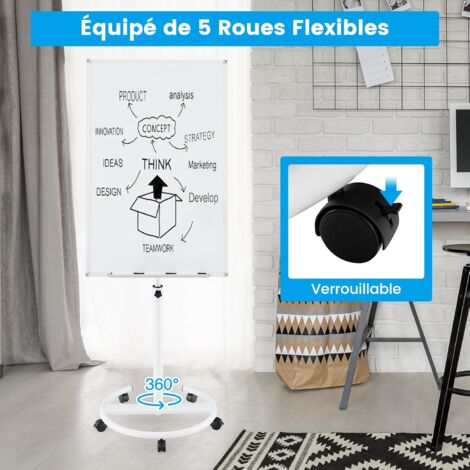 COSTWAY Tableau Blanc Magnétique, 100 x 65 cm, Tableau Blanc sur Pieds Effaçable à Sec, Hauteur Réglable, Support Rond Stable Sur Roulettes, Cadre en Aluminium, pour École, Bureau