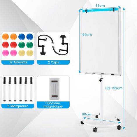 COSTWAY Tableau Blanc Magnétique, 100 x 65 cm, Tableau Blanc sur Pieds Effaçable à Sec, Hauteur Réglable, Support Rond Stable Sur Roulettes, Cadre en Aluminium, pour École, Bureau