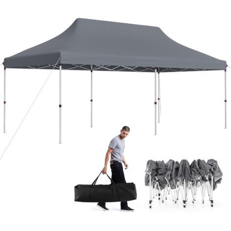 COSTWAY Tonnelle de Jardin Escamotable Pliable 300x600CM, Tente de Fête Imperméable Protection Solaire 3 Hauteurs 296/306/316 cm avec Sac de Rangement, pour Marché Patio Camping(Gris)