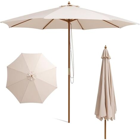 COSTWAY Parasol de Jardin Ø 3M à 3 Hauteurs Réglables, Parasol Droit avec Toit Ventilé Imperméable et Cordon de Serrage, Parasol d’Extérieur à 8 Baleines en Bambou pour Jardin, Cour, Beige