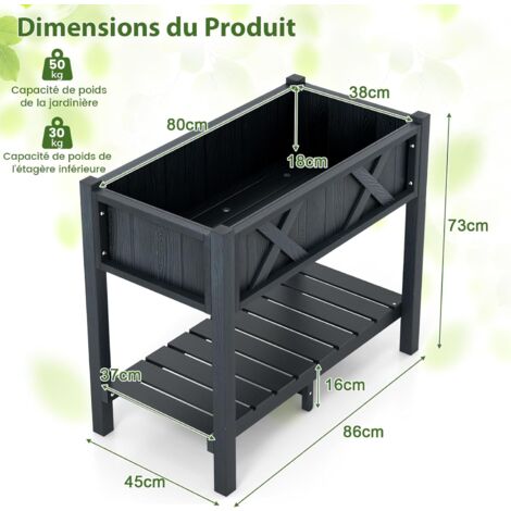 COSTWAY Jardiniu00e8re Suru00e9levu00e9 En Bois Avec Trou De Drainage, Lit