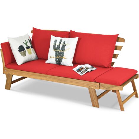 COSTWAY Canapé Lit de Jardin Convertible 2 Places en Bois d’Acacia avec Coussin, Canapé de Jardin 2 en 1 avec Accoudoir Réglable Charge 320KG, pour Patio Piscine Cour (Rouge) (1/5)