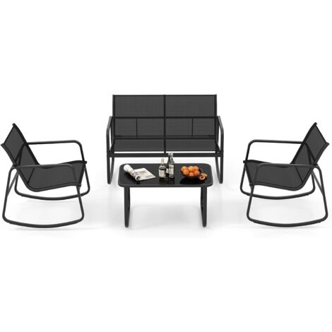 Costway – Salon de jardin 4 pièces – Chaises à bascule et causeuse – Table basse en verre trempé – Cadre métallique 150kg – Confort extérieur (1/5)