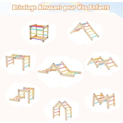 COSTWAY Triangle D'Escalade 5-en-1 Montessori – Échelle, Toboggan, Bascule, Tunnel, Pliable Bois 60kg