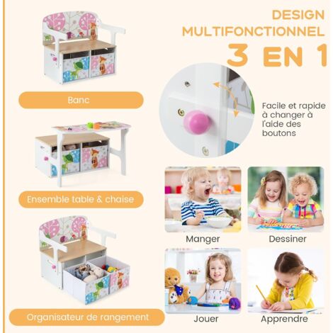 AIYAPLAY Coffre à Jouets 3-en-1 Enfant – Convertible En Table + 2 Chaises + 2 Bacs Rangement – Blanc/Gris