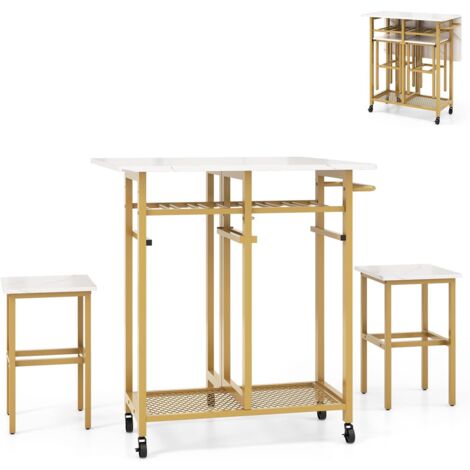 Desserte avec comptoir pliant - 2 tiroirs et 4 compartiments - pieds en roulettes ou en bois - Noir