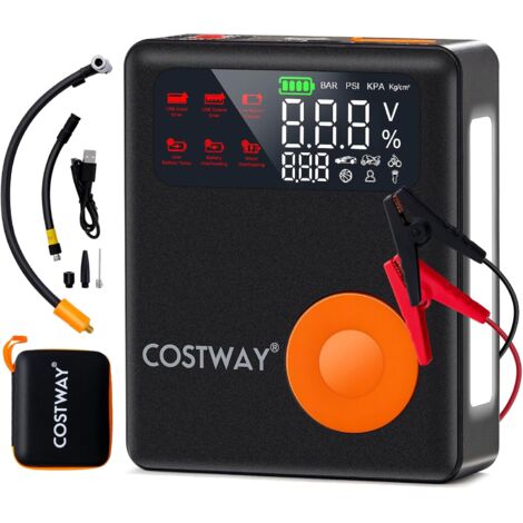 COSTWAY Démarreur de Batterie Voiture 12V 2000A avec Gonfleur de Pneus 150 PSI, avec Compresseur d'air pour Moteurs Essence Jusqu'à 8L & Diesel Jusqu'à 5L Lumière d'urgence, 13000 mAh (1/5)