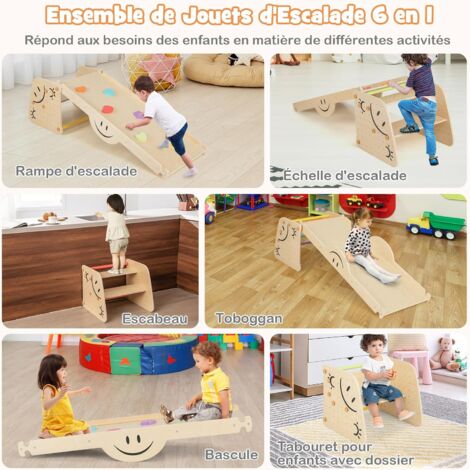 COSTWAY Triangle D'Escalade 5-en-1 Montessori – Échelle, Toboggan, Bascule, Tunnel, Pliable Bois 60kg