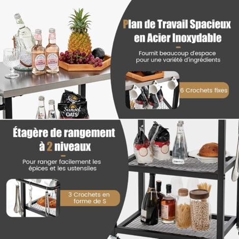 Chariot De Service Extérieur COSTWAY 3 Étagères - Acier Inoxydable Avec Roues