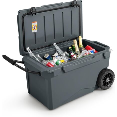 COSTWAY Glacière Isotherme Portable 71 L avec Bouchon de Vidange et Porte-gobelets, Glacière Rigide à roulettes Rétention de Glace de 5 à 7 Jours pour Camping Pique-Nique Pêche (Gris)