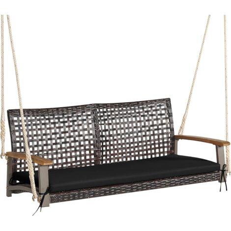 COSTWAY Balançoire de Jardin en Rotin à 2 Places, Balancelle de Porche en Osier avec Accoudoir en Bois d'Acacia et Coussin, Banc Suspendu avec 2 Cordes de Suspension de 300 CM, Charge 360 KG(Noir) (1/5)