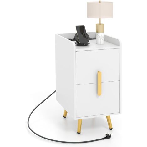 Costway – Table de chevet moderne avec station de recharge – 2 tiroirs coulissants – 3 prises AC et 2 ports USB – Bords surélevés – 40 x 32 x 60 cm (blanc)
