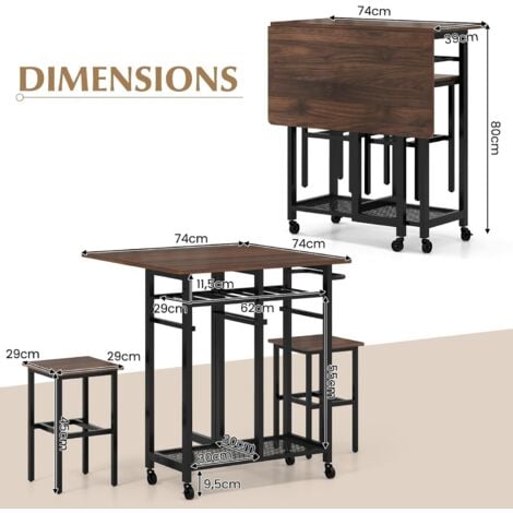 COSTWAY Table Pliante Interieur, Table Extensible Avec 2 Tabourets