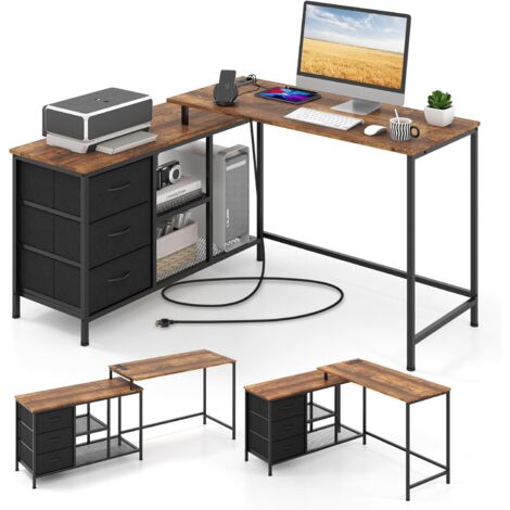 Costway – Bureau d'angle convertible en L 140 cm – Multiprise 2 prises et 2 USB – 3 tiroirs en tissu et étagères – Assemblage facile – Marron rustique (1/5)