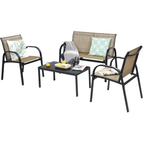 Costway – Ensemble table et chaise de jardin 4 pièces – 2 fauteuils, 1 causeuse, 2 chaises, 1 table basse en verre trempé – Métal marron résistant aux intempéries (1/5)