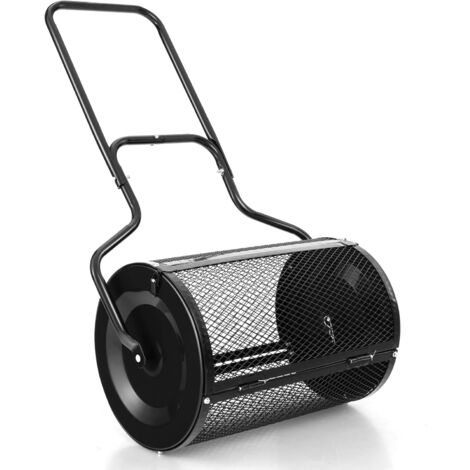 COSTWAY Épandeur à Compost de 60 cm Rouleau en Treillis Métallique, Épandeur de Gazon avec Poignée en Forme de ‘U’ Loquets Latéraux, pour Entretien du Jardin et Pelouse Noir