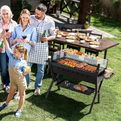 COSTWAY Barbecue à Charbon de Bois Extérieur, Gril au Charbon de Bois en Acier Inoxydable avec Pare-vent, Supports d'Assaisonnement, Étagère de Rangement pour Pique-nique Camping