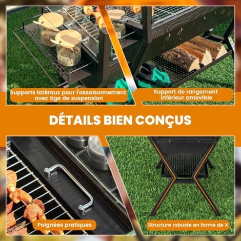 COSTWAY Barbecue à Charbon de Bois Extérieur, Gril au Charbon de Bois en Acier Inoxydable avec Pare-vent, Supports d'Assaisonnement, Étagère de Rangement pour Pique-nique Camping