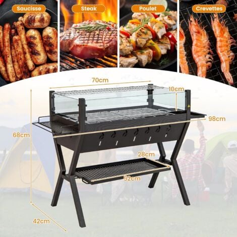 COSTWAY Barbecue à Charbon de Bois Extérieur, Gril au Charbon de Bois en Acier Inoxydable avec Pare-vent, Supports d'Assaisonnement, Étagère de Rangement pour Pique-nique Camping
