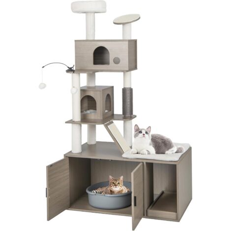 Costway – Arbre à chat 2 en 1 avec bac à litière caché – 173 cm – 2 condos confortables – Griffoir en sisal – Boules suspendues