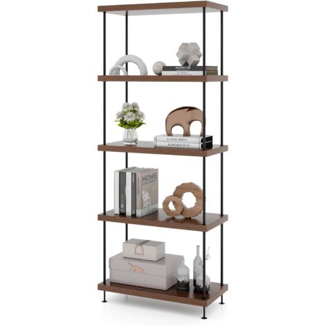 Costway – Bibliothèque industrielle 5 niveaux – Cadre en métal robuste – Dimensions 29,5 x 60 x 147 cm – Capacité 20 kg par étagère – Noyer (1/5)