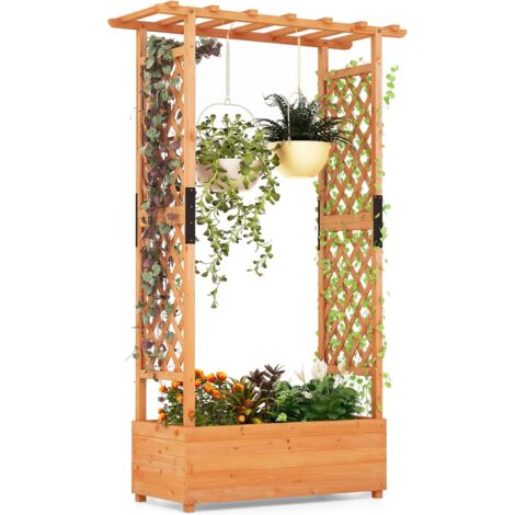 COSTWAY Jardinière avec 2 Treillis Latéraux Toit Suspendu en Bois de Sapin avec Trou de Drainage, Lit de Jardin Surélevé pour Plante Grimpante Résistance aux Intempéries, 110 x 44 x 182 cm (1/5)