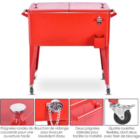Chariot Isothermique 91 L Avec Roulettes - Réfrigérateur Mobile Pour Fêtes, BBQ, Piscine, Avec Ouvre-bouteille