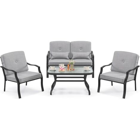 COSTWAY Salon de Jardin 4 Pièces avec Table Basse en Verre Trempé et Coussins Charge 300KG, Ensemble de Canapés de Terrasse avec Cadre Métallique 4 Places, pour Patio Balcon Terrasse (1/5)
