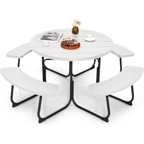 Costway – Ensemble table de pique-nique circulaire 190 x 76 cm – 4 bancs intégrés – HDPE résistant aux intempéries – Capacité 135 kg