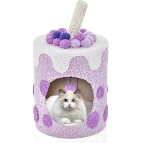 COSTWAY Niche Maison pour Chat d'Intérieur, Petit Condo pour Chat avec Balle en Peluche, Arbre à Chat 37 CM avec Griffoirs Rotatif, Meuble pour Chat 3 en 1 en Forme de Perle de Thé au Lait (Violet) (1/5)