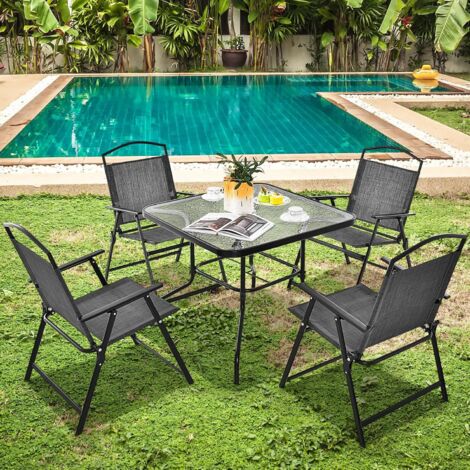 Ensemble Salon De Jardin 5 Pièces Outsunny - Table + 4 Chaises Avec Verre Trempé Et Trou Parasol - Gris
